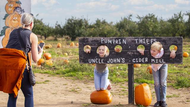 Kids posing as Pumpkin Thiefs while mom takes their photo