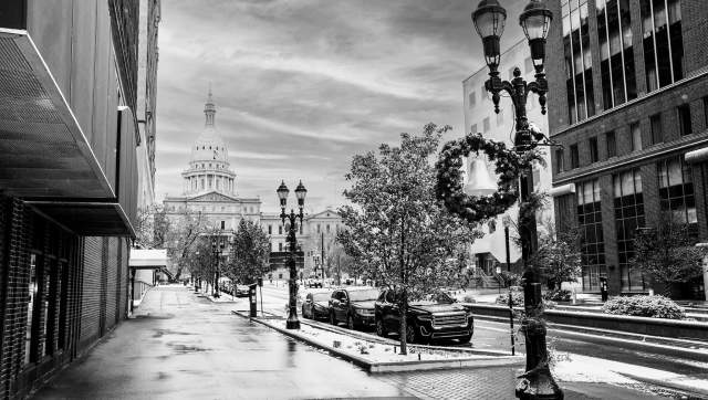 Black and white photograph of the Capitol in December