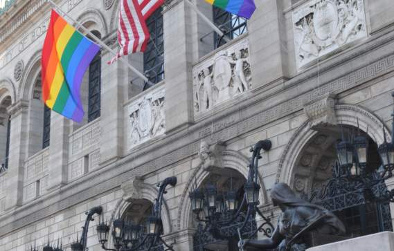 Boston Public Library with rainbow flags closeup