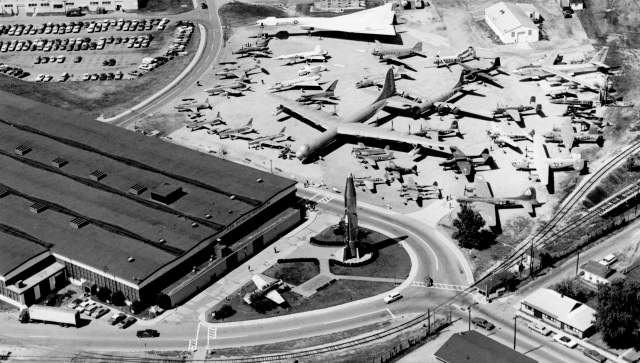 An aerial view of the National Museum of the U.S. Air Force, circa late 1960s
