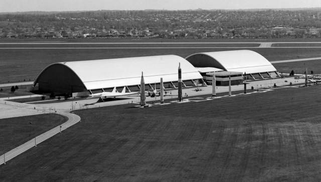 An exterior view of the National Museum of the U.S. Air Force as it appeared in the late 1970s