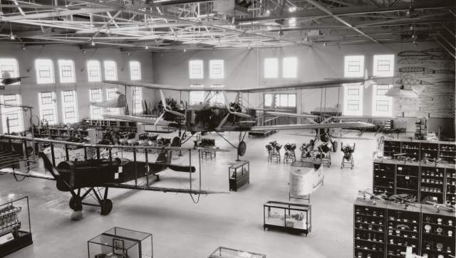 A view of aircraft and displays at an early location of the National Museum of the U.S. Air Force, circa 1930s.