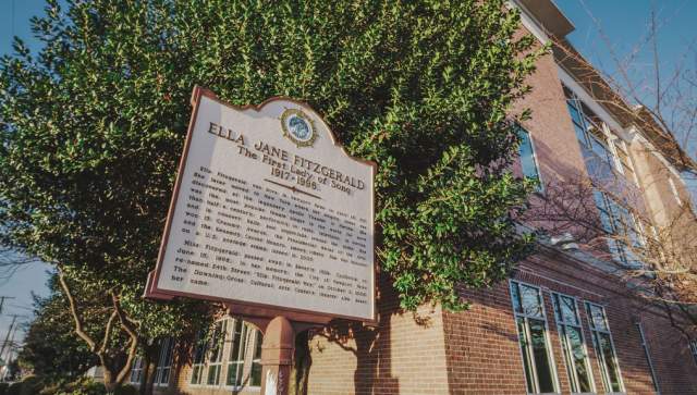 Ella Fitzgerald Historical Marker outside Downing-Gross