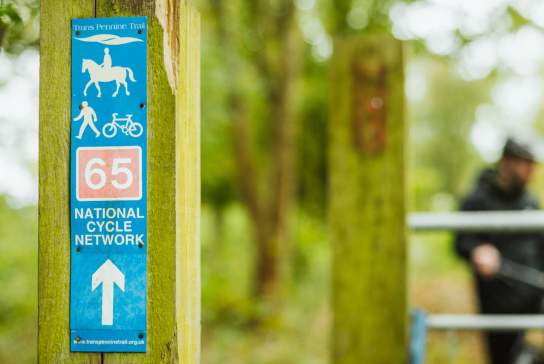Close‑up of a wooden trail post with Trans Pennine Trail and National Cycle Network Route 65 sign, with a person walking a bicycle on a woodland path in the background