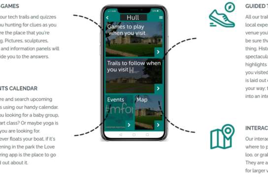 Graphic showing the Love Exploring app with features including geo‑games, guided trails, events calendar and interactive map
