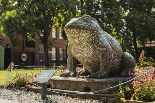 Mosaic toad sculpture displayed in Hull’s Museums Quarter Gardens, surrounded by plants, flowers and historic buildings