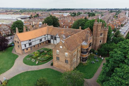 Gainsborough Old Hall from above with surrounding gardens