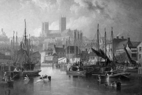 A painting of the Brayford Waterfront from 1800 showing boats and the cathedral in the distance.