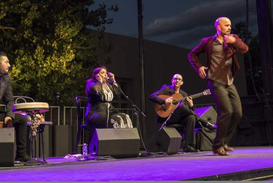 A band plays a live show at a New Mexico outdoor concert.