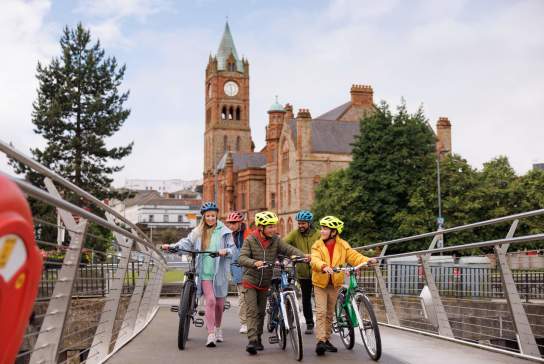 Family Cycling, Peace Bridge, North West Greenway Network, Derry-Londonderry City