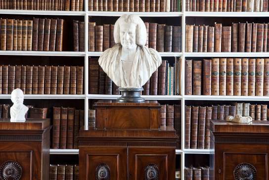 Bust on display in the Armagh Robinson Library with a row of books behind it
