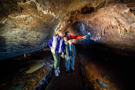 Family enjoying a tour of the underground caves at Marble Arch Caves, looking at stalactites.
