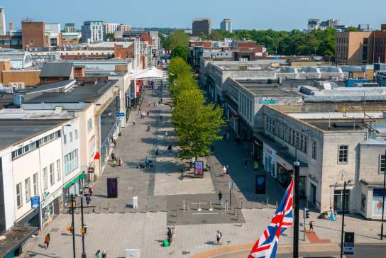 Birds eye view shot of pedestrian precinct on a sunny day