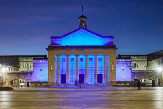 O2 Guildhall Lit up at night time