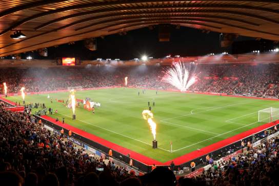 St Marys Football Stadium view from seats with fireworks on pitch