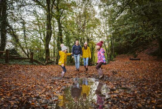 A family walking through Penllegare woods