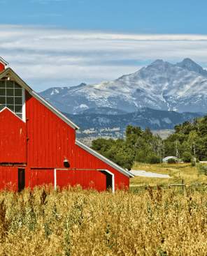 Red barn in a fiels with Long's Peak in background