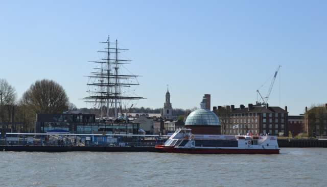 View of City Cruises boat in front of Cutty Sark, Greenwich