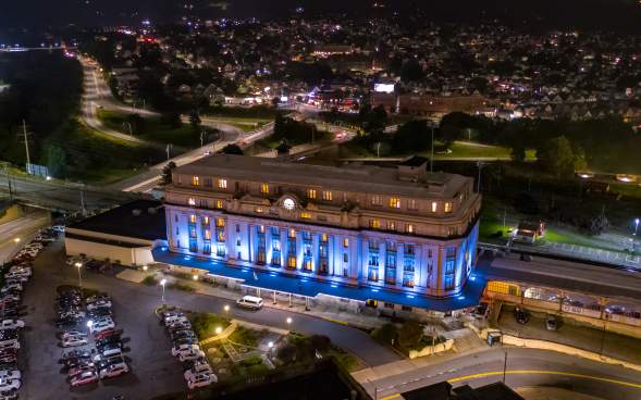 Downtown Scranton Night 01 Access Aerial LCVB