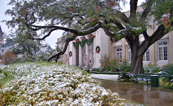 The historic Julie Rogers Theatre gets a dusting of snow.