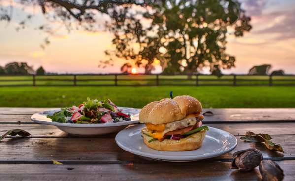 Burger & Salad Dishes with the Sunset at Amelia Farm & Market