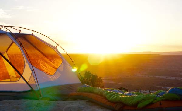 Camping with tent and sleeping bags