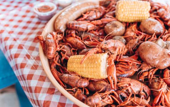 Platter of Crawfish with Corn, Potatoes and Sausage