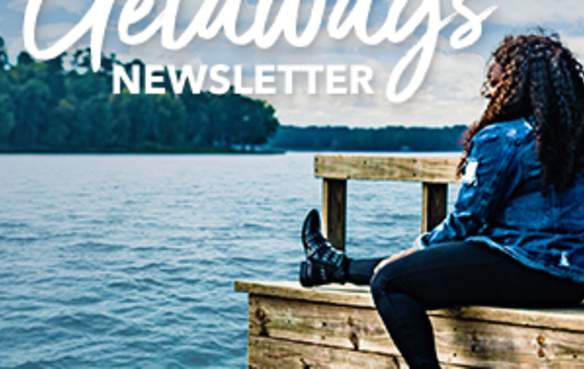 cover of Shreveport-Bossier Getaways newsletter with woman on lake shore