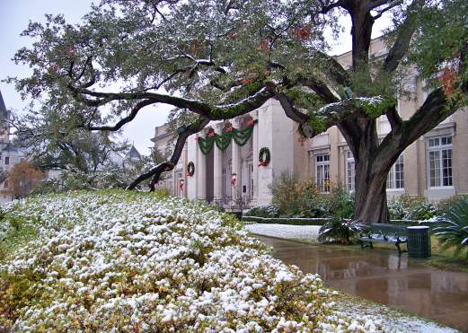 The historic Julie Rogers Theatre gets a dusting of snow.