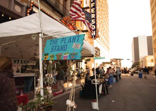 Vendors set up outside the Jefferson Theatre for a festival