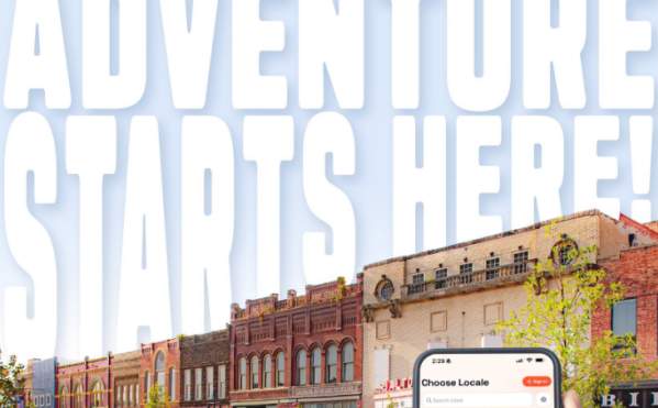 Adventure Starts here text overlaying historic buildings