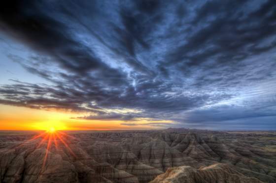Scenic view of Badlands National Park at sunset