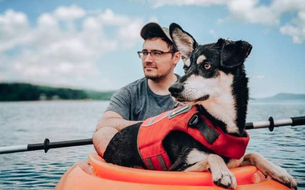A person and a dog wearing a red life jacket in an orange kayak in a body of water with hills in the background.