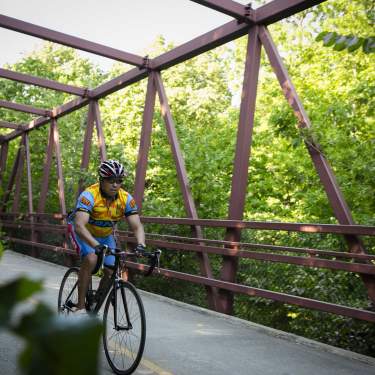 Man Rides His Bicycle on Busse Woods Bridge