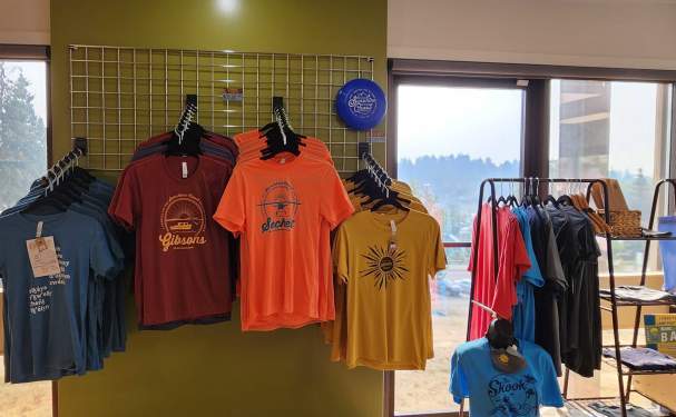 T-shirts and souvenirs inside the Gibsons Visitor Centre.