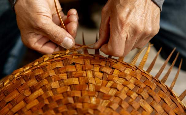 Cedar weaving demonstration at Klahoose Wilderness Resort