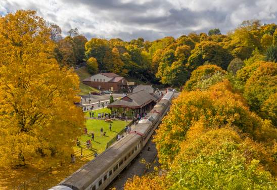 An aerial view of a train docked at a small depot station surrounded by trees full of yellow fall leaves.