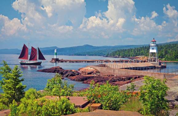 Grand Marais Harbor 2 lighthouses and Hjordis sailboat