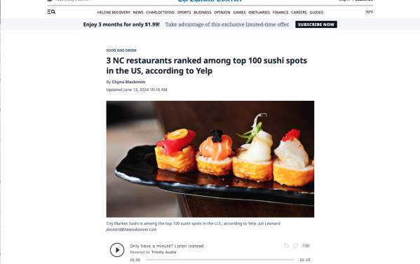 3 NC restaurants ranked among the top 100 sushi spots in the US, according to Yelp, The Charlotte Observer, June 2024_ Media Mention Slide