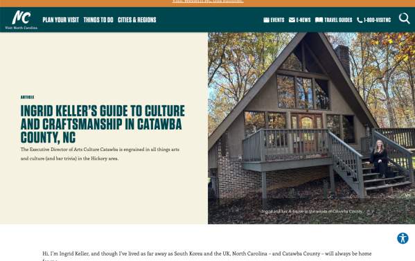 A Guide to Culture & Craftsmanship in Catawba County, NC, Ingrid Keller (on Visit NC Website), November 2024_ media mention slide