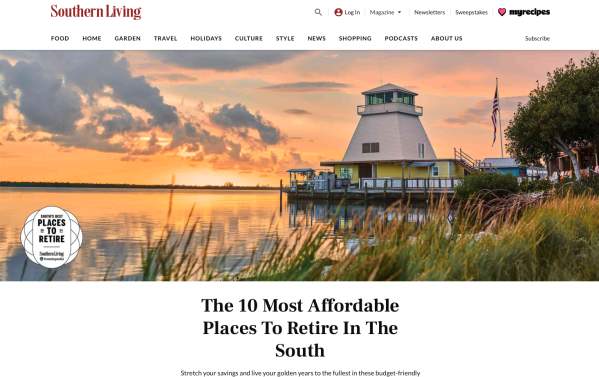 The 10 Most Affordable Places To Retire In The South, Southern Living, October 2024_ media mention slide