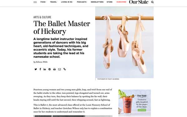 The Ballet Master of Hickory, Our State Magazine, July 2024_media mention slide