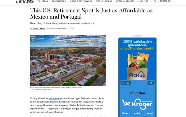 This U.S. Retirement Spot Is Just as Affordable as Mexico and Portugal, Travel + Leisure, September 2024_ media mention slide