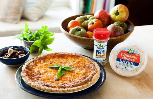 Blue Moon tomato pie with heirloom tomatoes, olives, basil and pimento cheese