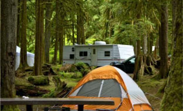 RV trailer and orange tent at a camping ground surrounded by large trees