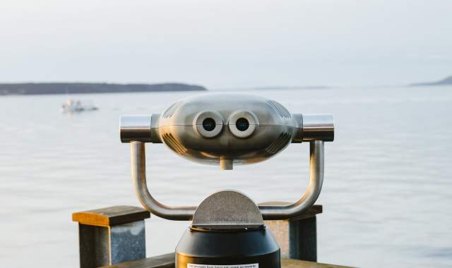 Binoculars at the wharf at Westview Ferry Terminal in Powell River, BC.