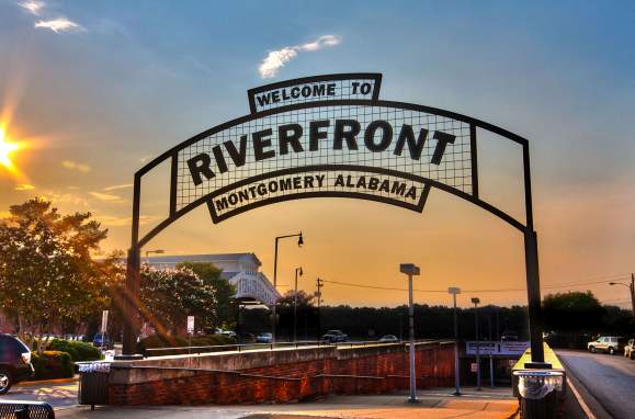 Riverfront Sign at walkway entrance