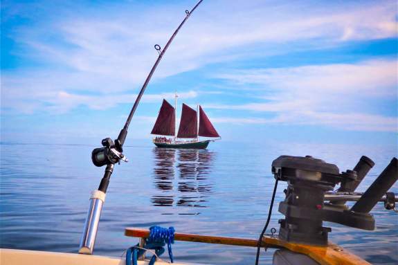 Back of fishing boat and the Hjordis on Lake Superior