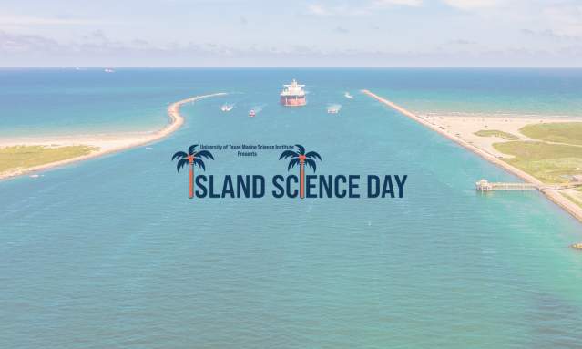 A blue and orange logo reads "Island Science Day." The "I"s are beakers made of palm trees. Behind the logo is a semi-transcluent photo of a ship channel.