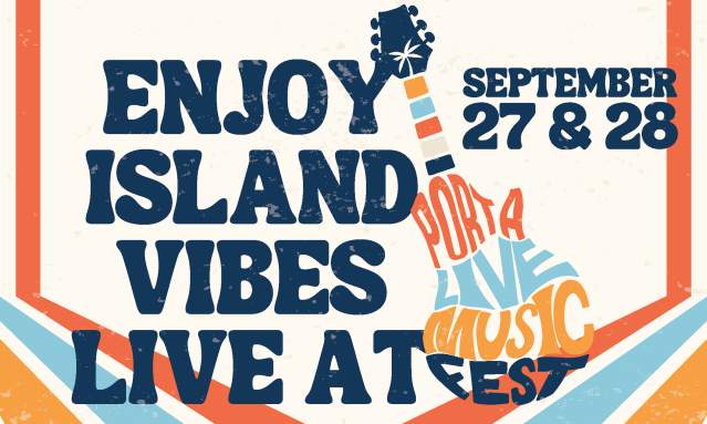 Blue and orange retro-themed save the date that says "Enjoy island vibes live at Port A Live Music Fest, September 27 & 28"